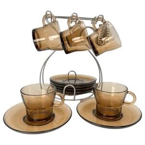 Duralex Amber Brown Glass Espresso Coffee Cup & Saucer 12 Pc Set + Display Stand